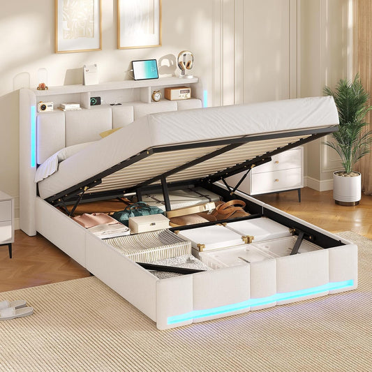 Letto contenitore AOGLLATI, matrimoniale, 140 × 190 cm, Beige, con contenitore, regolabile, con illuminazione LED, con porta USB, imbottito