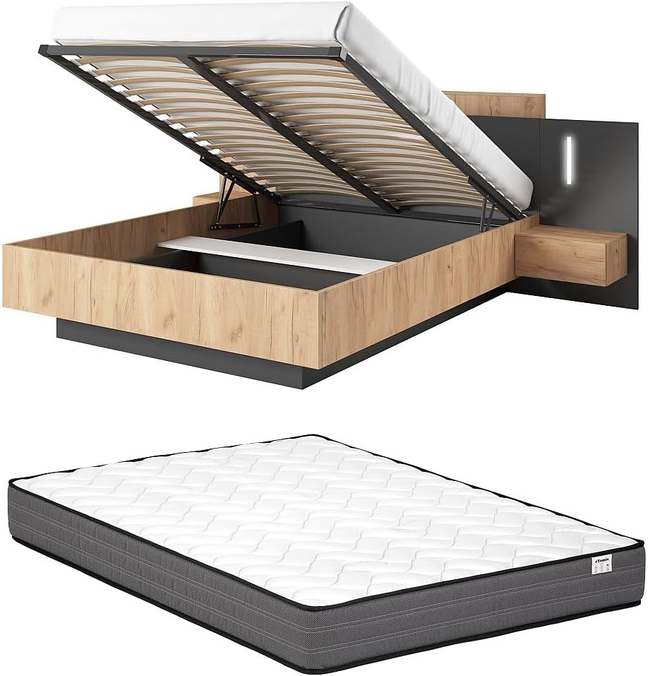 Letto Vente-unique FRANCOLI, 2 cassetti, 264,4 × 218,2 × 102 cm, materasso incluso, Antracite, per camera da letto