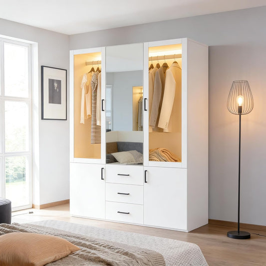 Armadio guardaroba BIYFSDS, 2 ante, 3 cassetti, vetro, Bianco, con illuminazione LED, per camera da letto