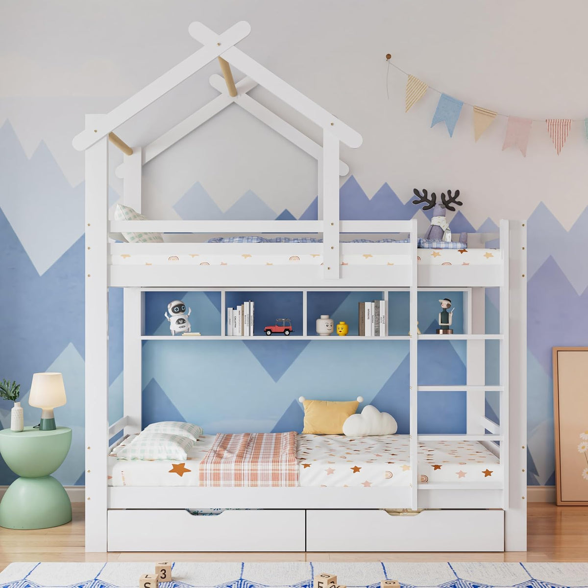 Letto a castello Moimhear, 90 × 200cm, legno massello, MDF, Bianco, per camera da letto