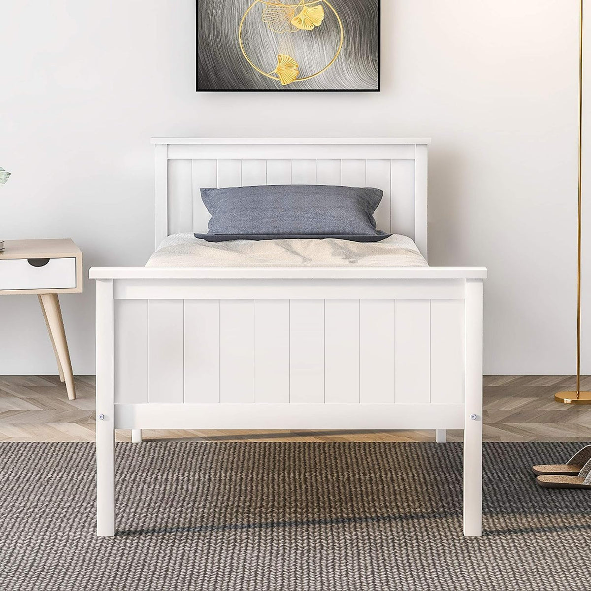 Struttura letto, singolo, 196 × 140 × 77 cm, legno, Bianco, con rete a doghe, per camera da letto