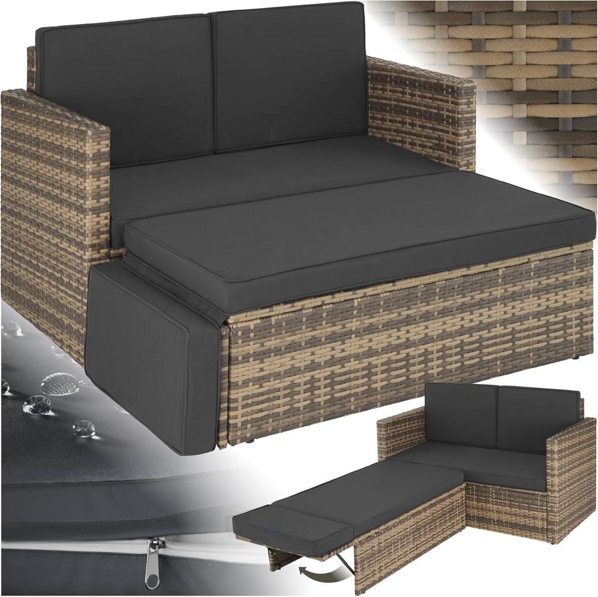 Divano tectake, 119 × 64,5 × 71,5 cm, acciaio, rattan, Naturale, pieghevole, con poggiapiedi, idrorepellente, per soggiorno