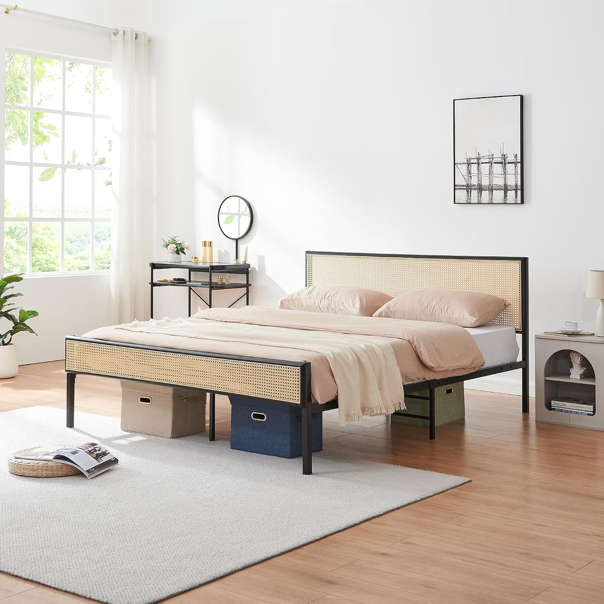 Struttura letto en.casa, matrimoniale, 160 × 200 cm, metallo, rattan, Nero, per camera da letto
