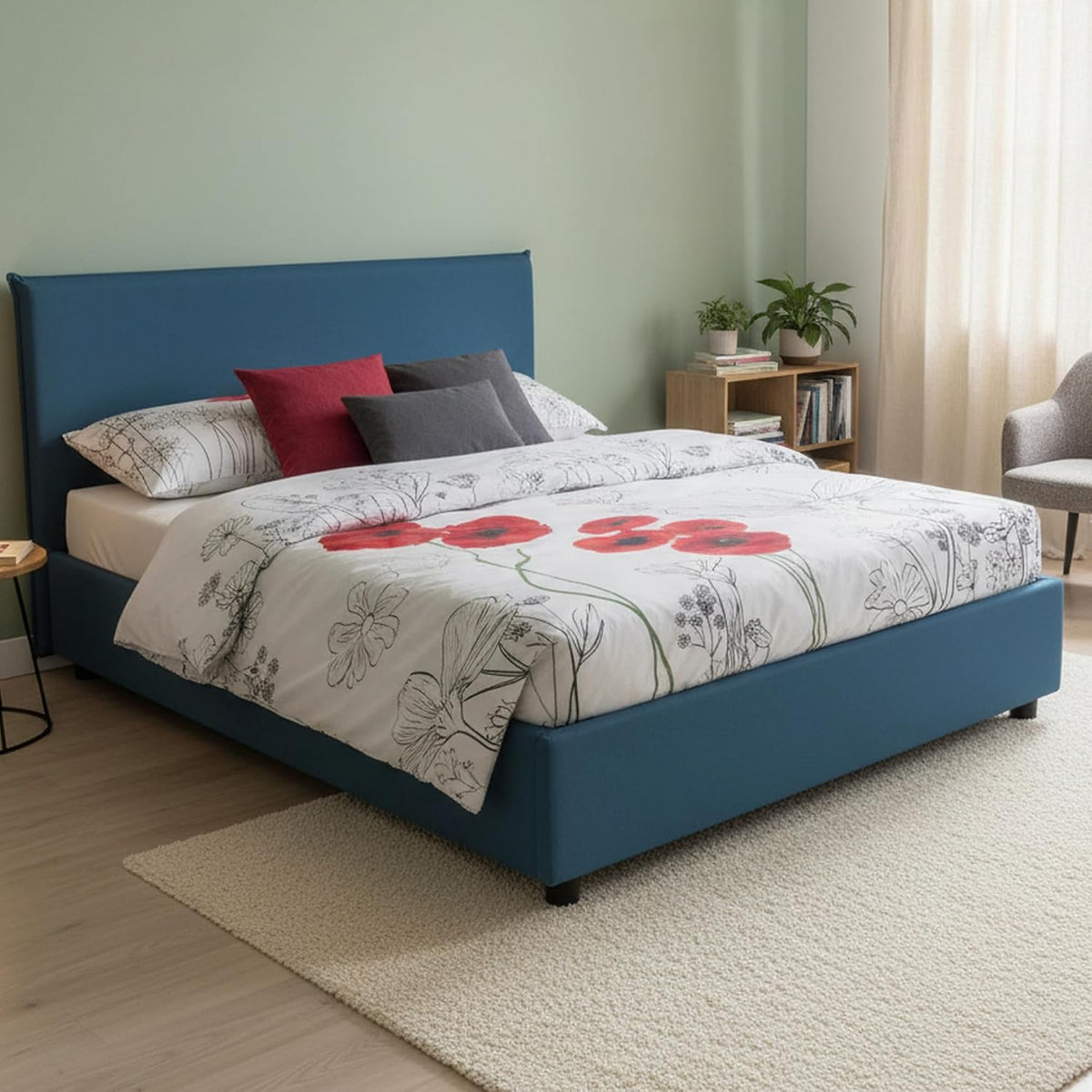 Letto contenitore Talamo Italia, matrimoniale, 160 × 200 cm, misura 160 × 200, tessuto, Blu, con contenitore, con rete a doghe, sfoderabile