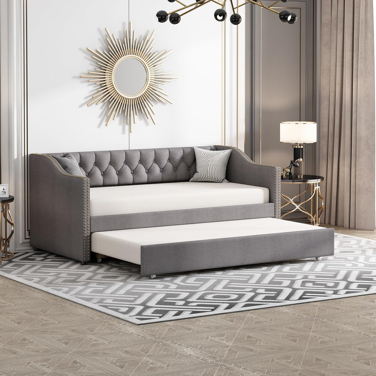 Divano letto JiaOyu, 2 posti, 90 × 200 cm, MDF, metallo, Grigio, allungabile, con rete a doghe, imbottito, per soggiorno