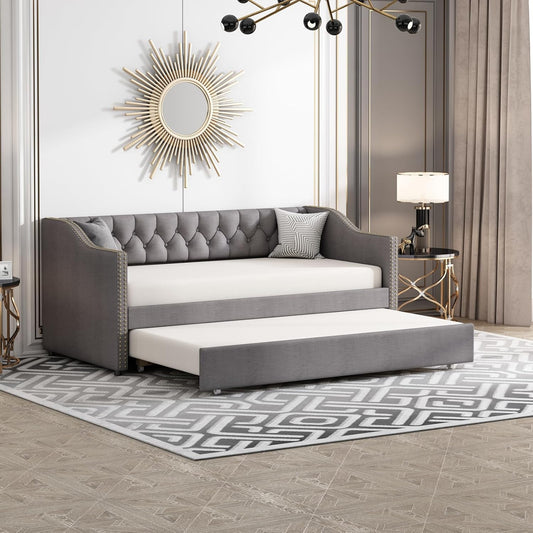 Divano letto JiaOyu, 2 posti, 90 × 200 cm, MDF, metallo, Grigio, allungabile, con rete a doghe, imbottito, per soggiorno
