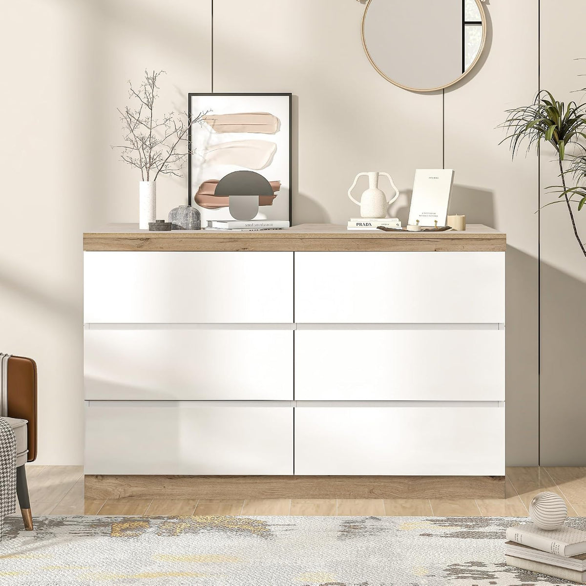 Cassettiera BENMWS, 6 cassetti, Bianco, per soggiorno e camera da letto, truciolato E1