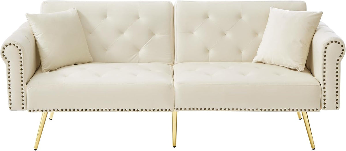 Divano letto Azkoeesy, 2 posti, metallo, velluto, Beige, regolabile, con braccioli, per soggiorno