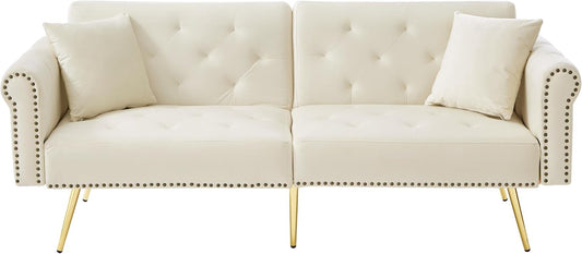 Divano letto Azkoeesy, 2 posti, metallo, velluto, Beige, regolabile, con braccioli, per soggiorno