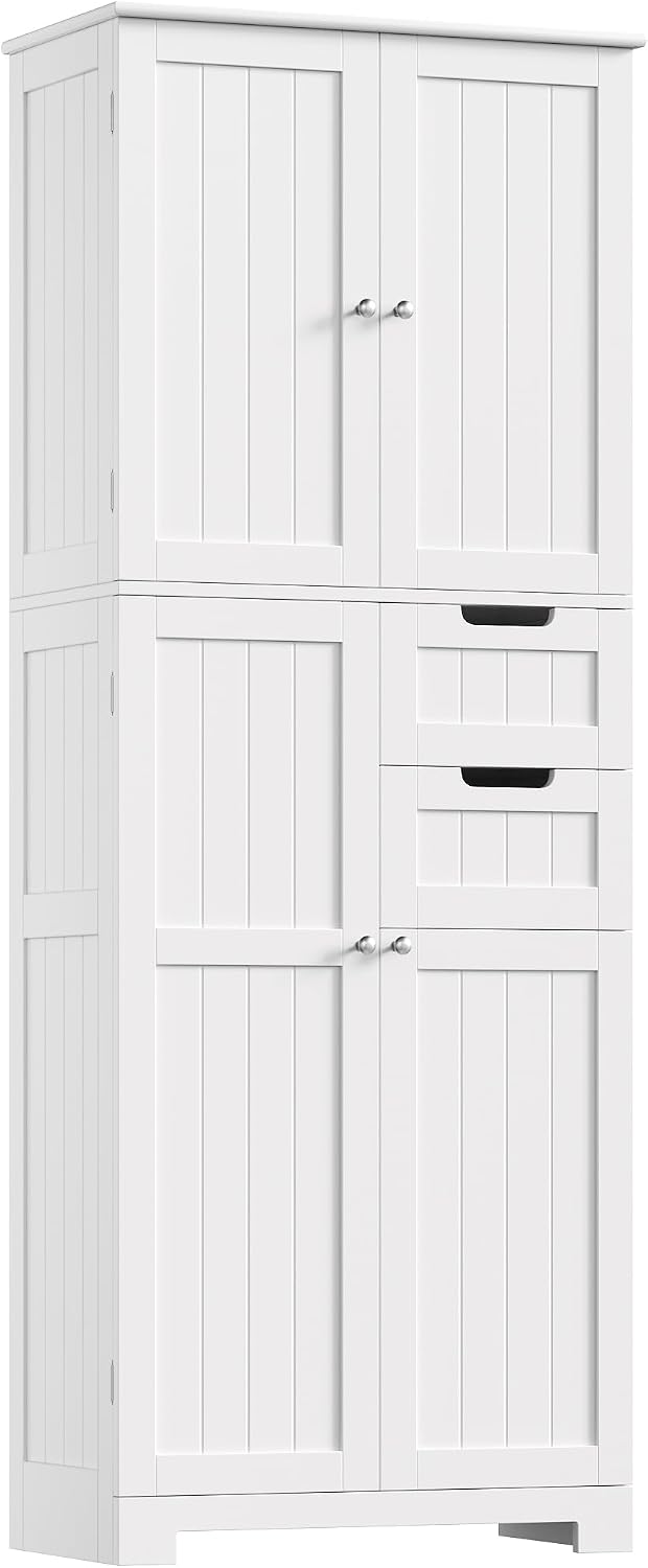 Credenza alta HOCSOK, 2 cassetti, 4 ante, 60 × 30 × 164,5 cm, legno, Bianco, per soggiorno e camera da letto