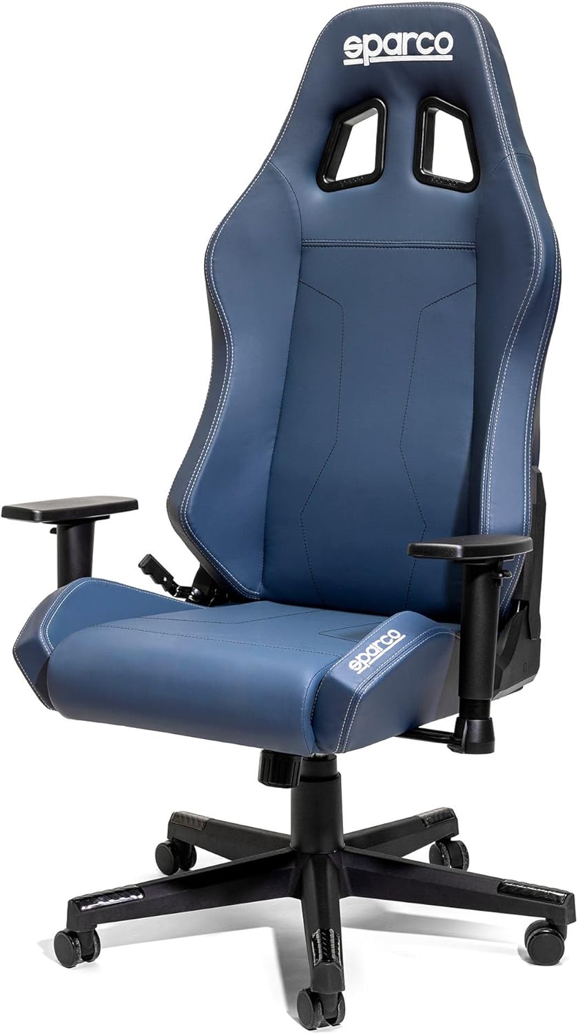 Sedia da ufficio Sparco, 60 × 60 × 100 cm, similpelle, Blu scuro, reclinabile, regolabile, con braccioli, per ufficio