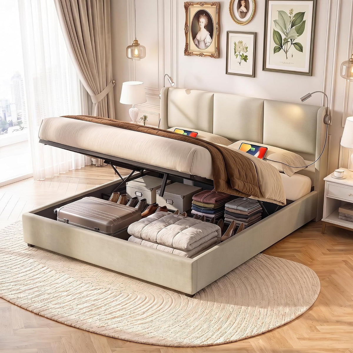 Letto contenitore BAJKNIU, matrimoniale, 160 × 200 cm, legno, Beige, con contenitore, regolabile, con rete a doghe, con illuminazione LED