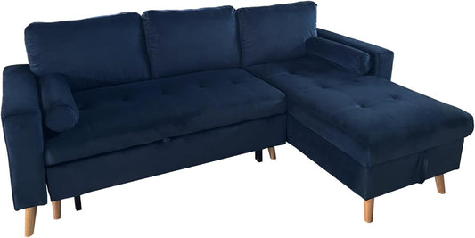 Divano angolare Happy Garden, 3 posti, 225 × 145 × 88 cm, 196 × 118 cm, velluto, Blu, trasformabile, con contenitore, per soggiorno