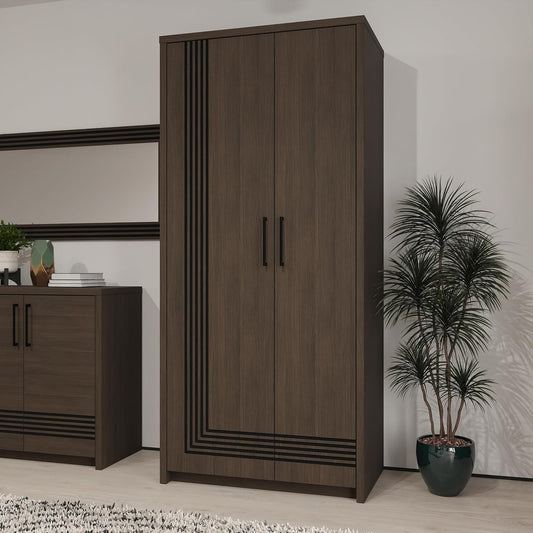 Armadio Forte, 91,5 × 198,3 × 52,7 cm, legno, Marrone scuro e nero, moderno con fresatura decorativa