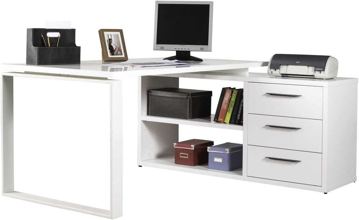 Scrivania Composad, 3 cassetti, 170 × 75 × 140 cm, legno, metallo, Bianco, regolabile, per ufficio