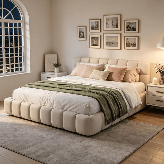 Letto BRILVERDE, 140 × 190 cm, misura 140 × 190, lino, Beige, con rete a doghe, imbottito, per camera da letto