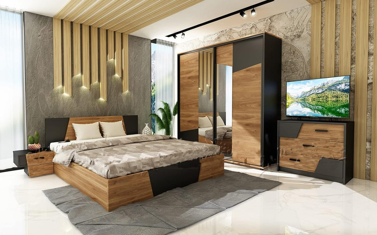 Letto ARREDO DA CASA CDLU33, 2 ante, matrimoniale, 180 × 200cm, 160 × 200cm, Rovere, con contenitore, con ante scorrevoli, per camera da letto