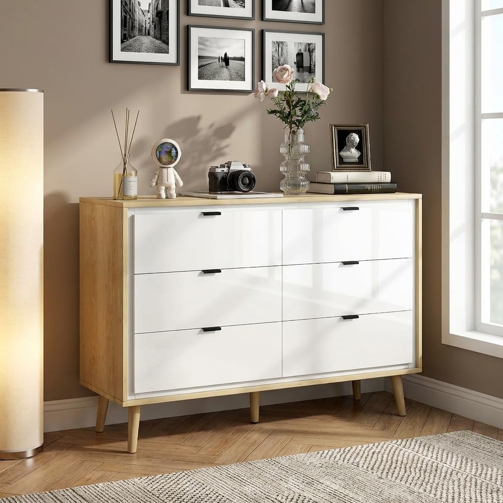 Cassettiera DecHome, 6 cassetti, legno, Bianco e rovere, regolabile, per camera da letto