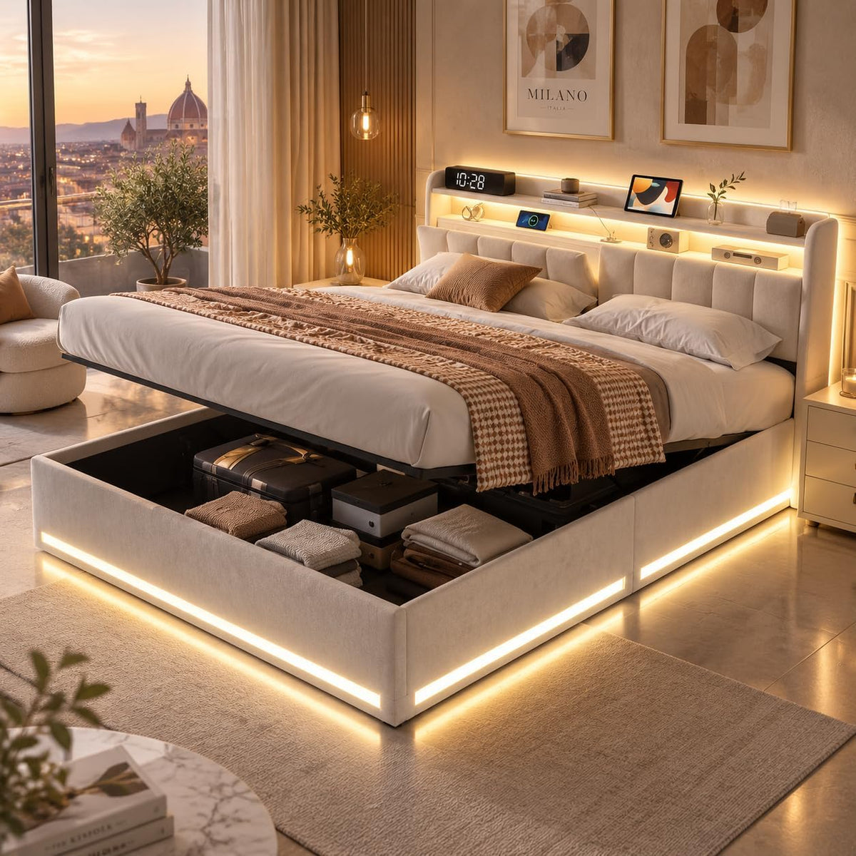 Letto contenitore CXHLXYR, matrimoniale, 140 × 200 cm, velluto, Beige, con contenitore, regolabile, con illuminazione LED, imbottito