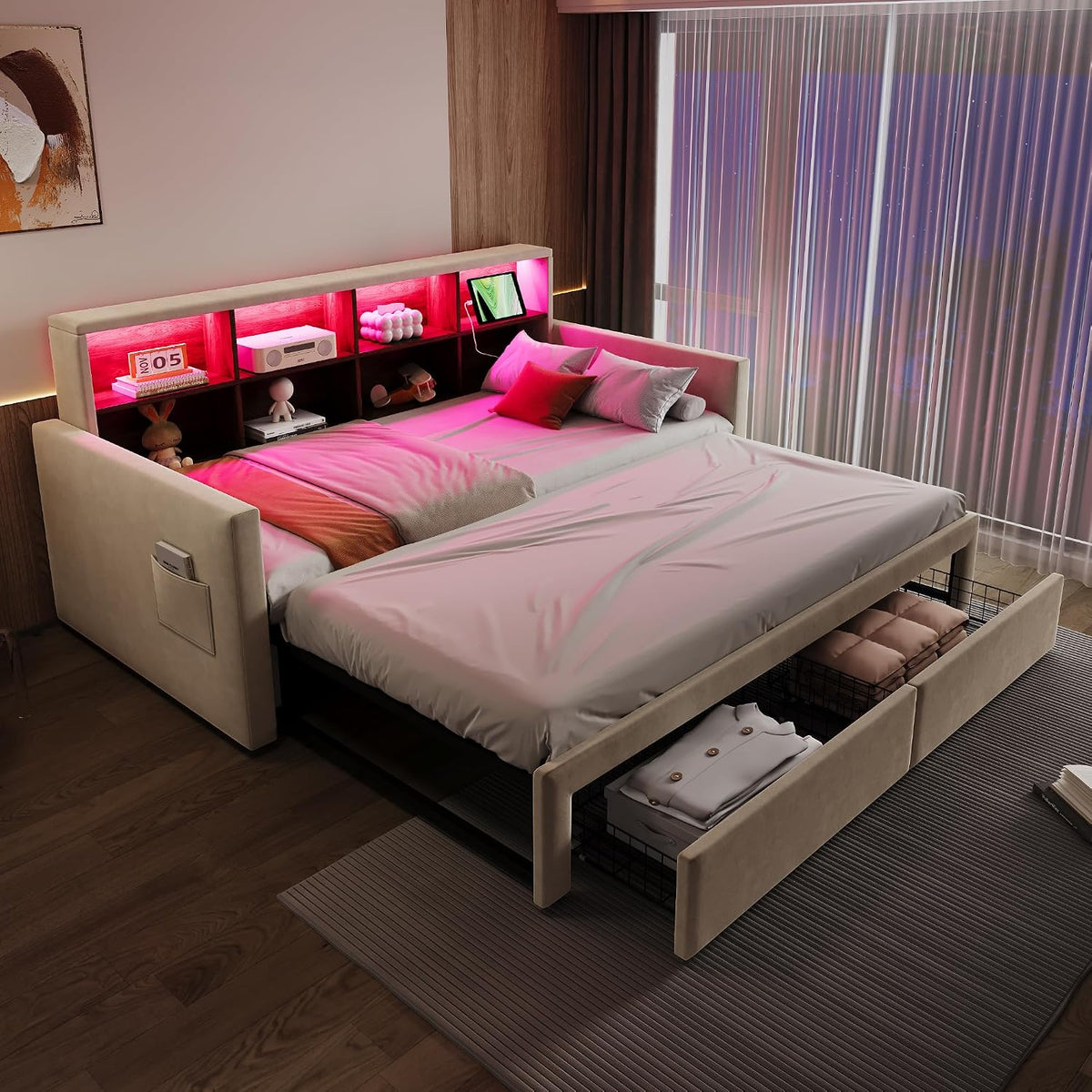 Divano letto YuQozii, 180 × 190 cm, velluto, tessuto, Beige, allungabile, con rete a doghe, imbottito, per soggiorno
