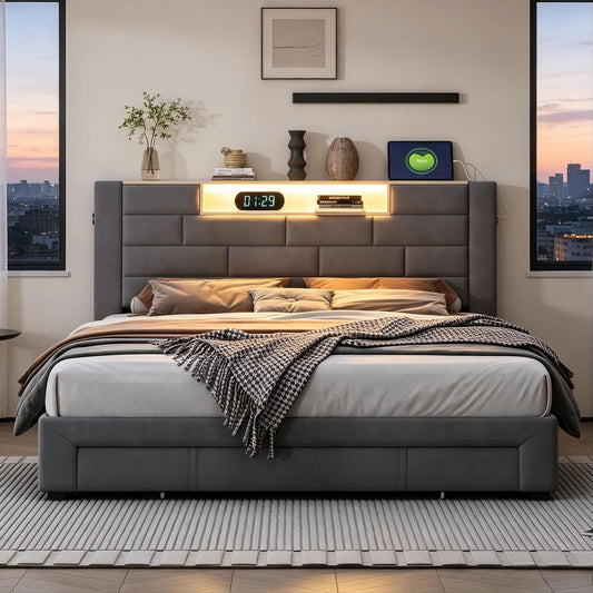 Letto contenitore BRILVERDE, 3 cassetti, matrimoniale, 160 × 200 cm, misura 160 × 200, velluto, Grigio, con ruote, con rete a doghe, con porta USB