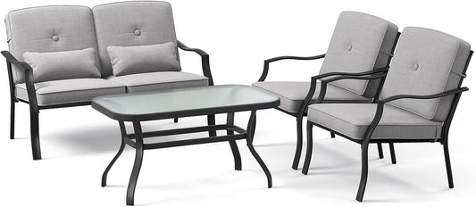 Set da pranzo da giardino GYMAX, 2 poltrone, metallo, vetro temperato, Grigio, per giardino e terrazzo