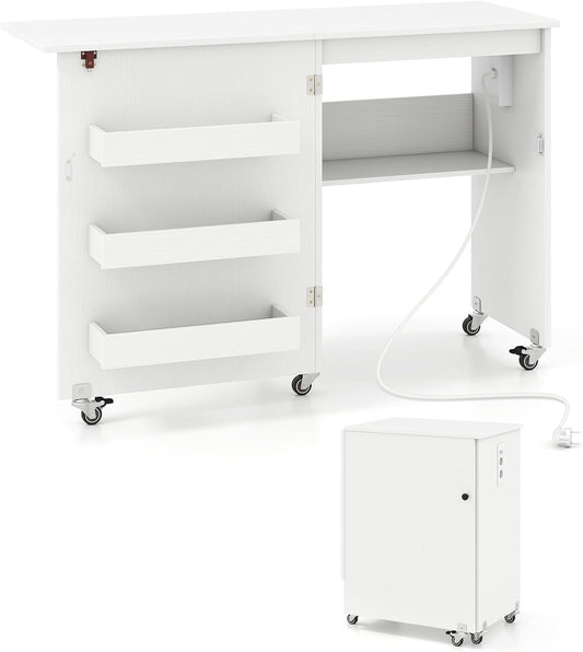 Mobile per macchina da cucire COSTWAY, 116 × 41 × 78 cm, Bianco, pieghevole, con ruote, con porta USB