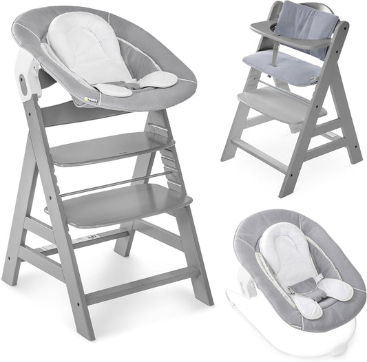 Seggiolone hauck, legno, Grigio, regolabile, con poggiapiedi, Evolutivo con Sdraietta Neonati Dondolo 2in1 e Cuscino