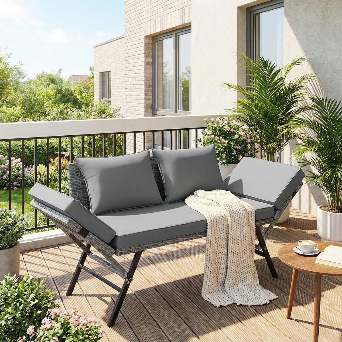 Divano LIFERUN, 2 posti, 110 × 55 × 80 cm, 176 × 55 × 80 cm, rattan, Grigio, reclinabile, regolabile, con braccioli, per giardino e terrazzo