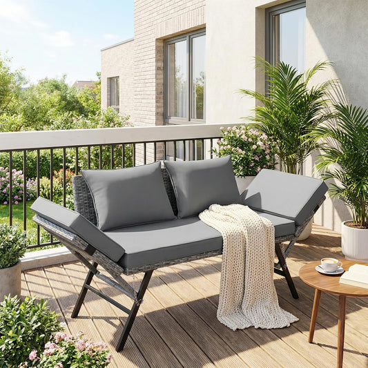 Divano LIFERUN, 2 posti, 110 × 55 × 80 cm, 176 × 55 × 80 cm, rattan, Grigio, reclinabile, regolabile, con braccioli, per giardino e terrazzo