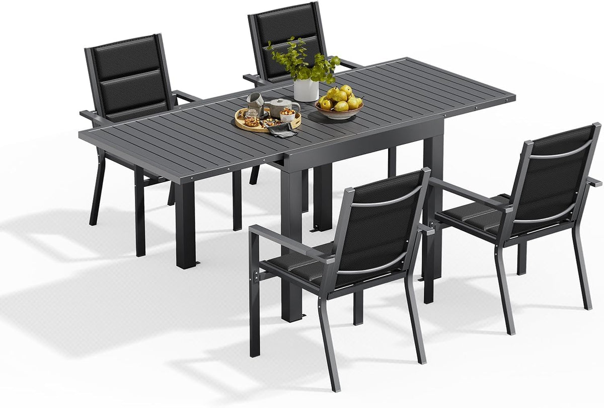 Set da pranzo da giardino Devoko 80-160CM, 4 sedie, 80 × 80 cm, 160 × 80 cm, alluminio, Grigio scuro, allungabile, per giardino e terrazzo