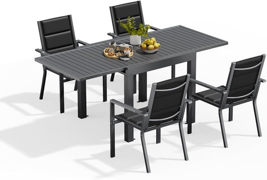 Set da pranzo da giardino Devoko 80-160CM, 4 sedie, 80 × 80 cm, 160 × 80 cm, alluminio, Grigio scuro, allungabile, per giardino e terrazzo