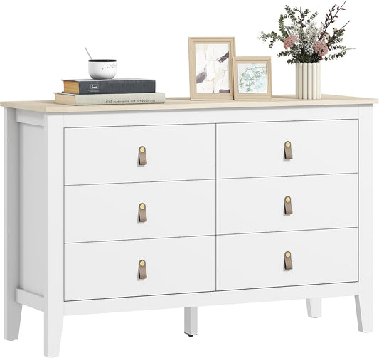 Cassettiera HOMCOM, 6 cassetti, 120 × 40 × 78 cm, legno, pelle, Bianco, per camera da letto