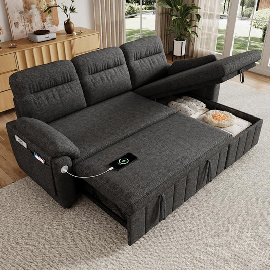Divano letto Comfymod, 3 posti, 208 × 131 × 88 cm, ciniglia, tessuto, Grigio, trasformabile, con funzione letto, con contenitore, reclinabile