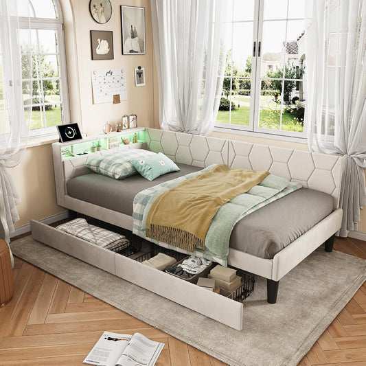 Letto contenitore BSMGSGN, 2 cassetti, singolo, 90 × 200 cm, metallo, velluto, Beige, con funzione letto, con contenitore, con braccioli