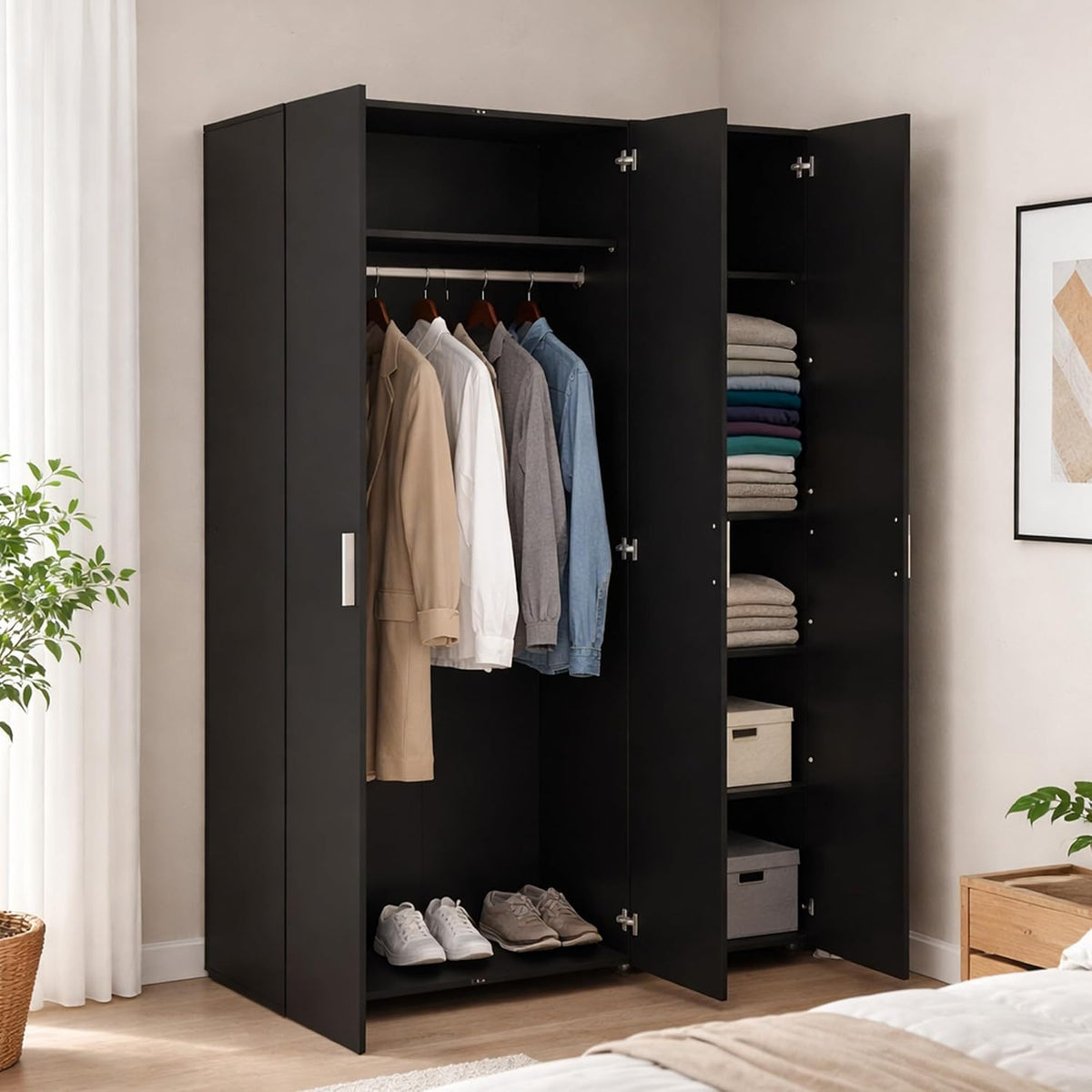 Armadio guardaroba Dmora, 3 ante, Nero, per camera da letto, 118x50 h201 cm