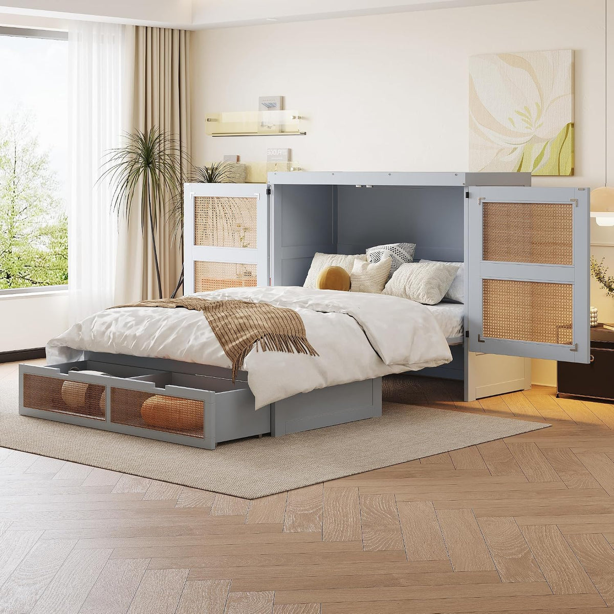 Letto OKMYHOME, 2 cassetti, 140 × 200 cm, legno, MDF, Grigio, per camera da letto, senza materasso