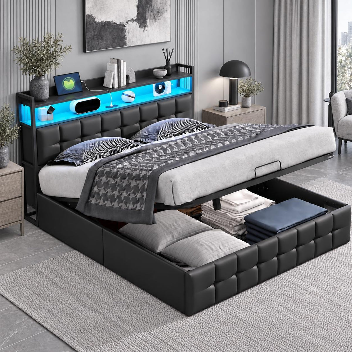 Letto contenitore Zorvani, matrimoniale, 140 × 190 cm, pelle, Nero, con contenitore, con rete a doghe, con illuminazione LED, con porta USB