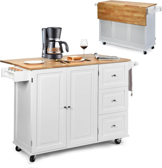 Carrello da cucina KOMFOTTEU, 43 × 136 × 91cm, legno, Bianco, regolabile, pieghevole, con ruote, per sala da pranzo e cucina