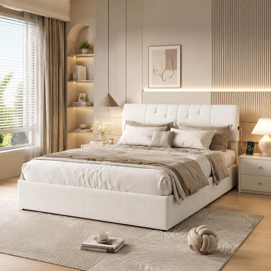 Letto contenitore JiaOyu, matrimoniale, 140 × 190 cm, tessuto, con contenitore, con rete a doghe, con porta USB, imbottito, per camera da letto