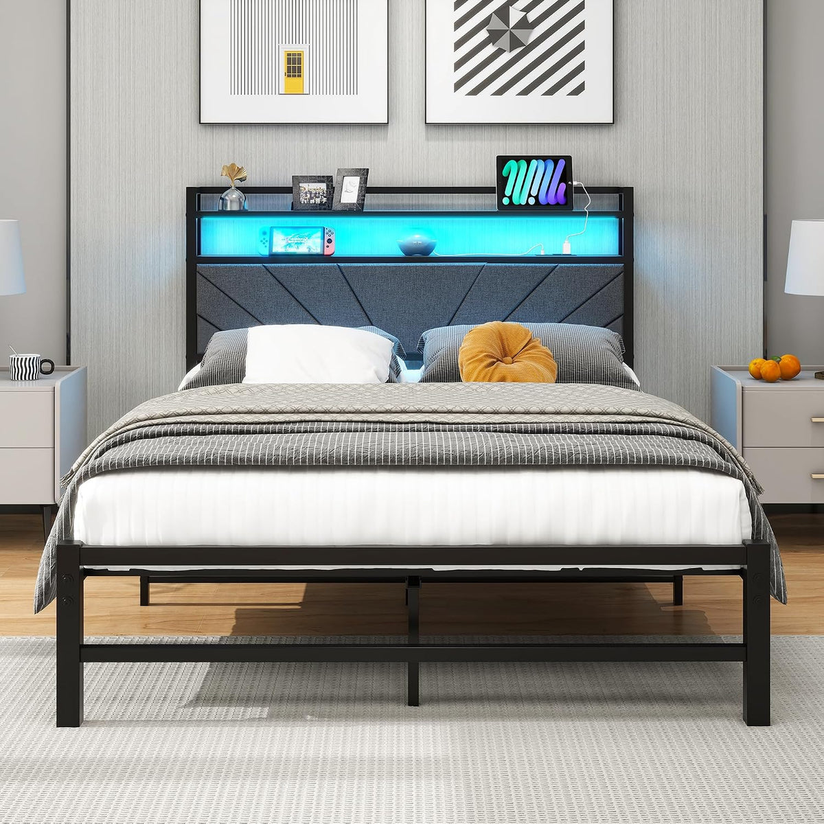 Letto VERFARM, matrimoniale, 120 × 200 cm, metallo, con porta USB, imbottito, per camera da letto