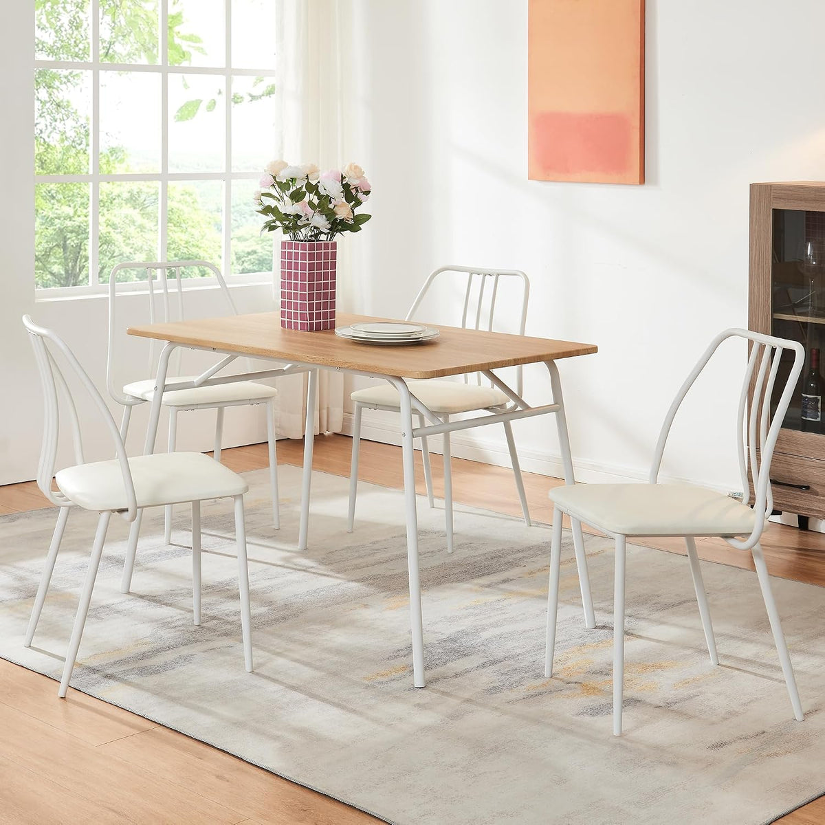 Set da pranzo en.casa, 4 sedie, 110 × 70 cm, similpelle, Bianco e rovere, per sala da pranzo e cucina