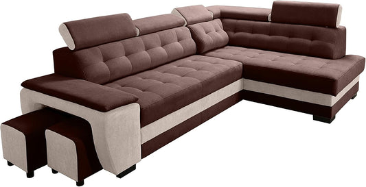 Divano angolare Robin Inspire, 257 × 165 cm, velluto, Crema, trasformabile, con contenitore, regolabile, con poggiatesta, per soggiorno