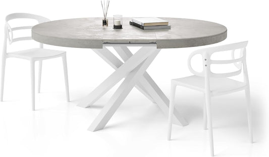 Tavolo allungabile Mobili Fiver, acciaio, Bianco, per sala da pranzo e cucina, 120-160 cm, Grigio Cemento con gambe Incrociate Bianche