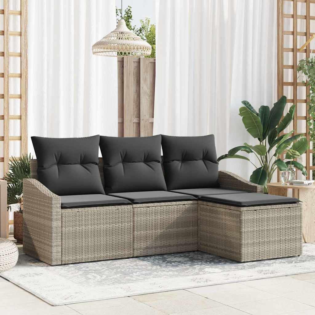 Divano modulare PUGYNBK, 4 pezzi, 55 × 62 × 85 cm, rattan, Grigio chiaro, con cuscino, con poggiapiedi, per giardino e terrazzo