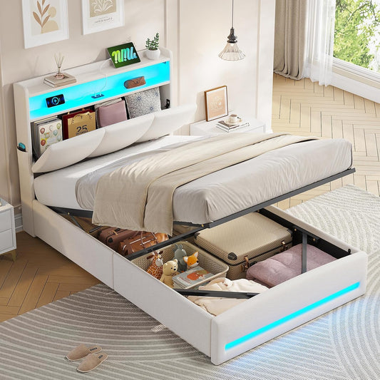 Letto contenitore AOGLLATI, singolo, 90 × 200 cm, Beige, regolabile, con illuminazione LED, con porta USB, imbottito, per camera da letto