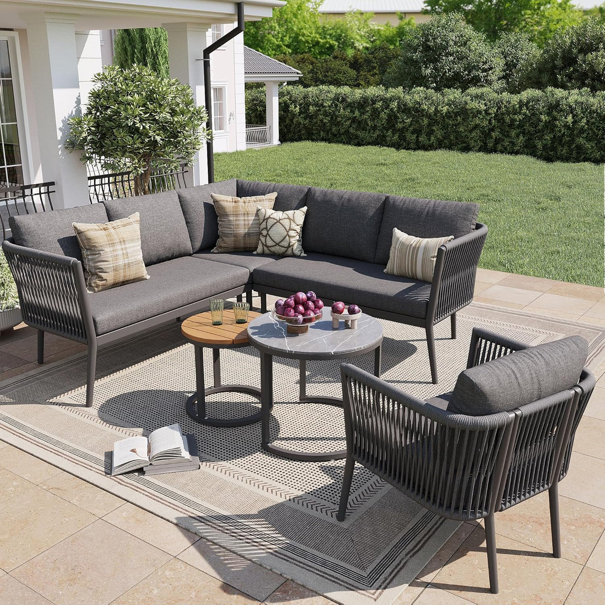 Divano modulare Yrxin, 6 pezzi, 114,5 × 61 × 67 cm, 53 × 53 × 75 cm, legno, metallo, Grigio, sfoderabile, per giardino e terrazzo