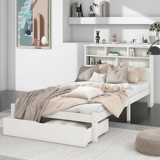 Letto Moimhear, singolo, 90 × 200 cm, legno massello, Bianco, con rete a doghe, per camera da letto