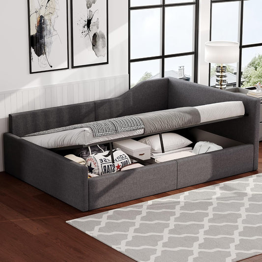 Divano letto Trdlpyn, matrimoniale, 140 × 200 cm, misura 140 × 200, MDF, lino, Grigio, con funzione letto, con contenitore, con rete a doghe