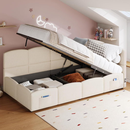 Letto VIEKOS, singolo, 90 × 200 cm, tessuto, Beige, con rete a doghe, con porta USB, imbottito, per camera da letto